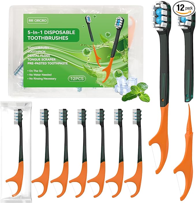 12Pack Disposable Toothbrushes with Toothpaste Pick Floss & Tongue Scraper | 5-in-1 Mini Prepasted Travel Toothbrush for Hotel Camping Flight Car Single Use Portable Individually Wrapped | Mint