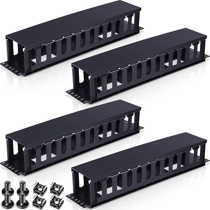 Taiyin 4 Pcs 2u 19 Inch Horizontal Cable Management Panel, 12 Slot Rack Cable Organizer with Removable Cover for Server & Network Rack