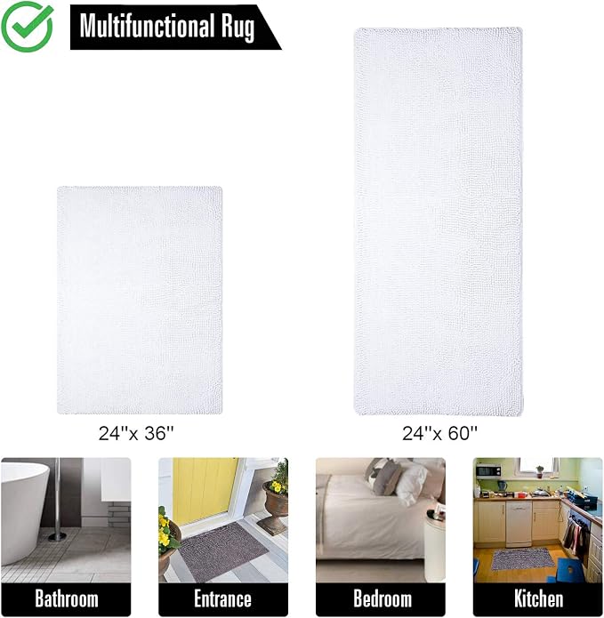 LOCHAS Luxury Bathroom Rug Shaggy Bath Mat 24 x 36 Inch, White | Washable Non Slip Bath Rugs for Bathroom Shower, Soft Plush Chenille Absorbent Carpets