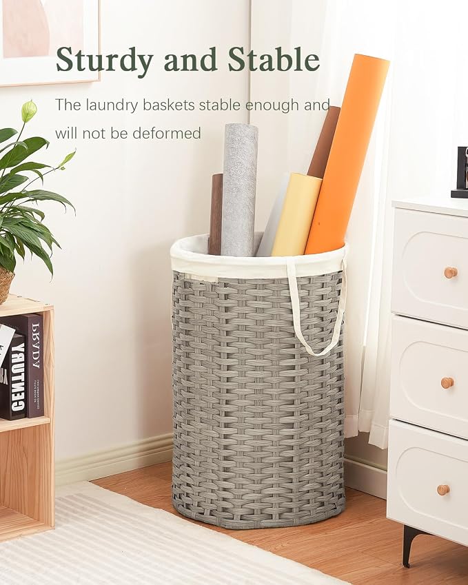 SETVSON 34.3 Gal (130 L) Large Laundry Hamper Laundry Basket Round Handwoven Wicker Laundry Baskets Rattan Laundry Basket with Removable Bag Handles 2 Mesh Bags for Living Room Bedroom Gray (No Lid)