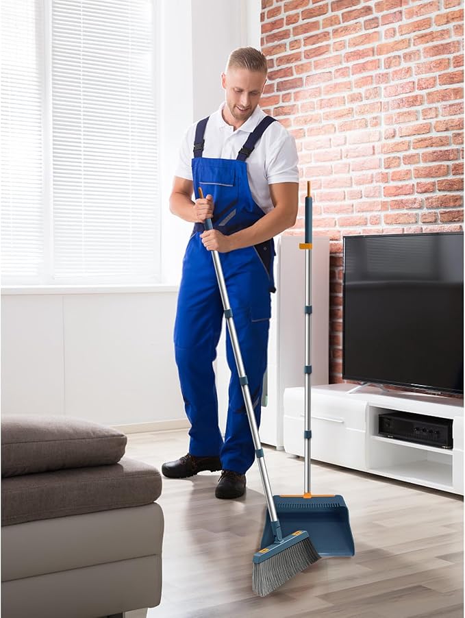 Broom and Dustpan Set for Home, Extendable to 50.4'' Long Handle Broom and Dustpan Set, Blue