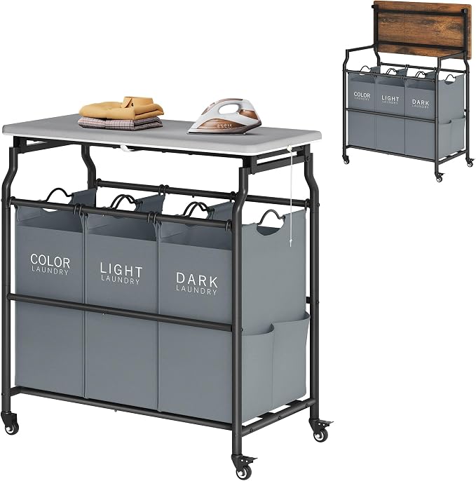 Hoctieon 3 Section Laundry Sorter with Iorning Board, Laundry Hamper, Gray | Lockable Wheels, Laundry Basket Organizer, Heavy Duty Clothes Separator, Removable Bags, Laundry Cart for Bedroom, Bathroom