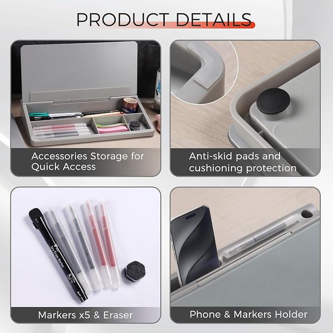 Small Compact Glass Desktop Whiteboard with Storage – 12 x 7 in Dry Erase Board for Desk, Home Office, School | Includes 5 Markers, Eraser & Holder | Space-Saving Organizer, Stone Gray