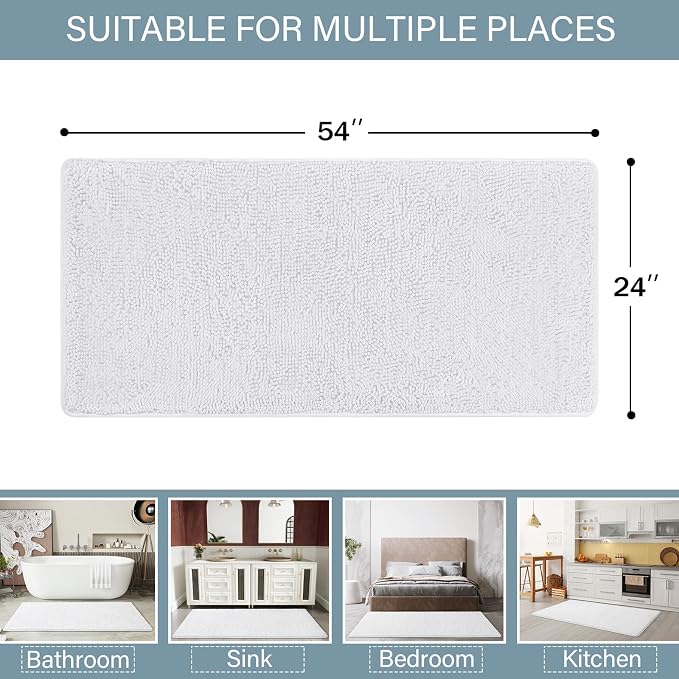 LOCHAS Luxury Bathroom Rug Shaggy Bath Mat 24 x 54 Inch, White | Washable Non Slip Bath Rugs for Bathroom Shower, Soft Plush Chenille Absorbent Carpets