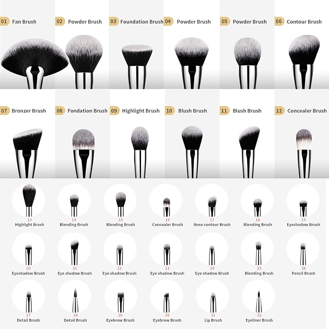 DUcare 32Pcs PRO Grade Makeup Brushes Set Premium Ultra-soft Synthetic Foundation Contour Powder Blush Concealer Eyeshadow Classic Black Professional Make up Brushes