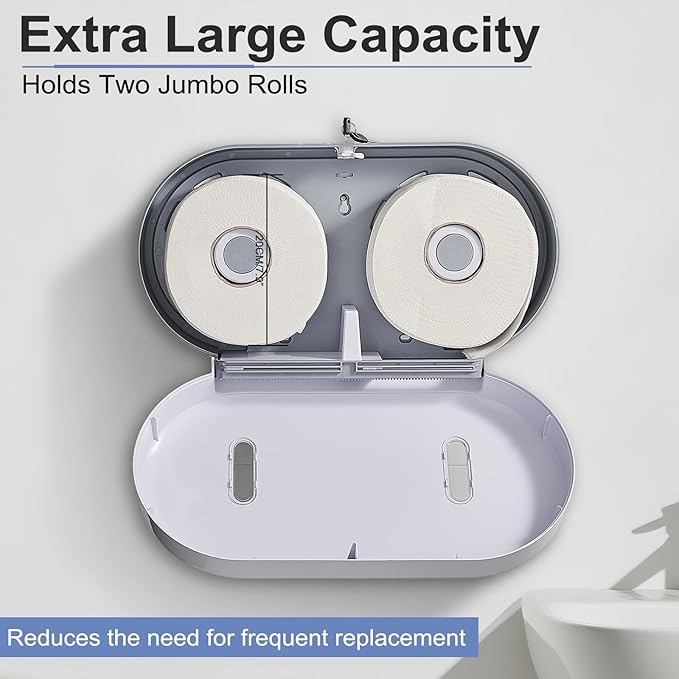 Twin Jumbo Roll Toilet Paper Dispenser, Commercial 9” Double Toilet Paper Holder Wall Mount, Industrial Tissue Dispenser with Key Lock, Tissue Holder with Dual Dispenser for Bathroom