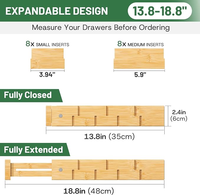 kiplant Bamboo Drawer Dividers - Adjustable Drawer Dividers for Kitchen, Clothes, Closet & Office - 8 Pack with Inserts, 13.8-18.8 Inches, Non-Slip Silicone Ends