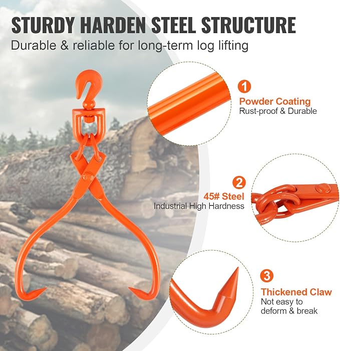 VEVOR Log Skidding Tongs, 18 inch 2 Claw Log Lifting Tongs, Heavy Duty Rotating Steel Lumber Skidding Tongs, 772 lbs/350 kg Loading Capacity, Log Lifting, Handling, Dragging & Carrying Tool