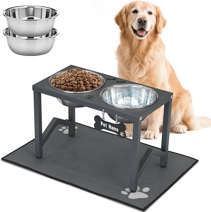 Elevated Dog Bowls, Metal Raised Dog Bowl Stand with 2 Thick 58oz Stainless Steel Food Bowls & Non-Slip Mat - 11.8" Tall for Medium/Large Breeds(Grey)
