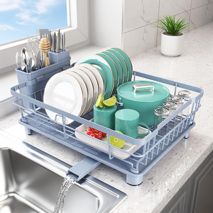 Dish Drying Rack for Kitchen Counter,12.8" W x 16.9" L,Blue | Space Saving Dish Rack, Self-Draining Drainboard, Rustproof Dish Drainer, Removable Utensil Holder