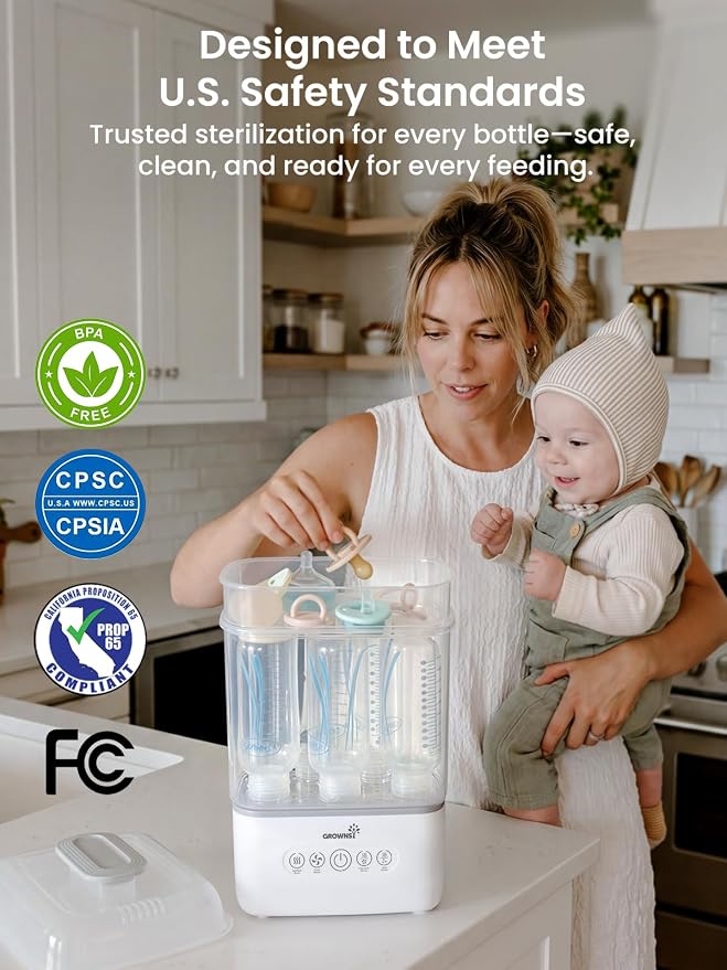 Grownsy Bottle Sterilizer and Dryer, 6 Bottles Capacity, Space Saving Nesting Design Bottle Sanitizer Esterilizador de Biberones for All Size Bottles & Breast Pump Accessories, Travel Set Included