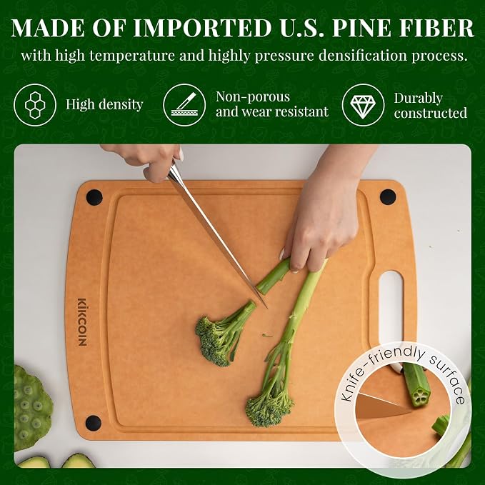 Kikcoin Wood Cutting Board, Cutting Boards for Kitchen Dishwasher Safe Non-slip Chopping Board with Juice Groove, Wood Fiber Composite Cutting Board with Handle, 17.3"*12.8"