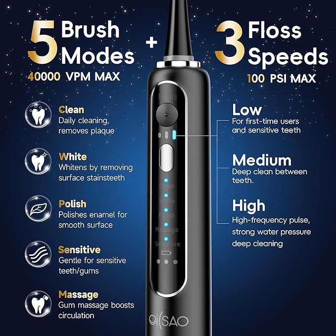 Electric Toothbrush with Water Flosser Combo, 3-in-1 Sonic Flossing Toothbrush and Dental Water Flosser for Teeth Cleaning, Gum Care, Braces, Bridges, Adults, 5 Brush Modes, 500ML, Black