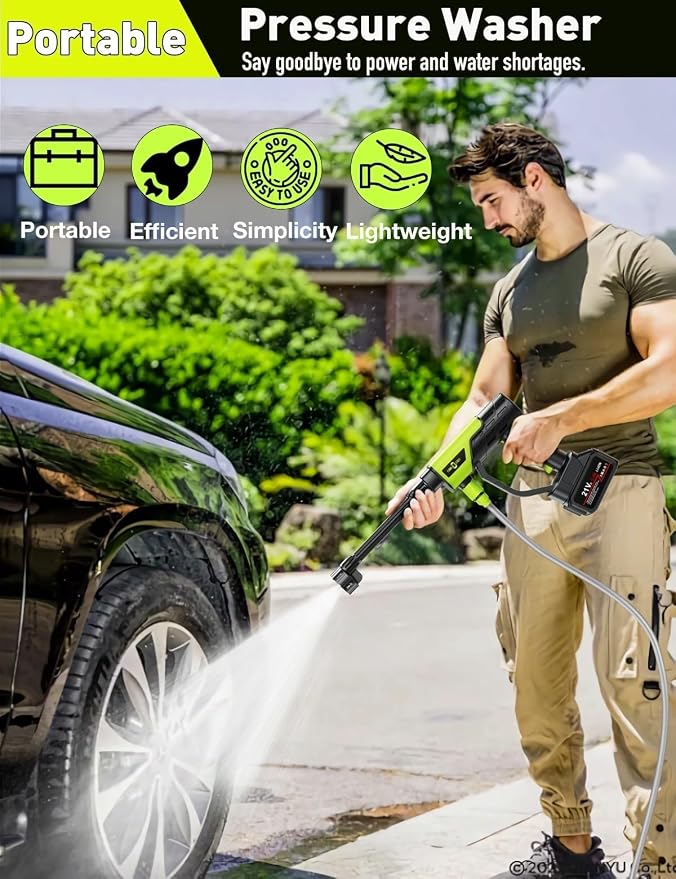 Cordless Car Washer, Lightweight Portable Cleaning Tool | 6-in-1 Nozzle, Battery Powered, Ideal for Small to Medium Cleaning Tasks, Car, Garden & Fence