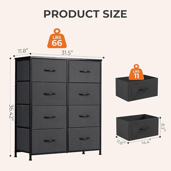Sweetcrispy 8 Drawer Black Dresser for Bedroom Tall, Organizer Storage | Fabric Storage Tower, Chest of Drawers with Steel Frame, Wood Top for Living Room, Closet