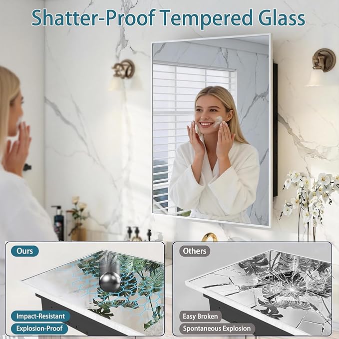 Brushed Sliver Metal Medicine Cabinet Right-Angled Rectangle-Design,Bathroom Mirror with Storage, Recessed or Surface Mounted, 2 Adjustable Metal Shelves (Brushed Sliver, 16x24)
