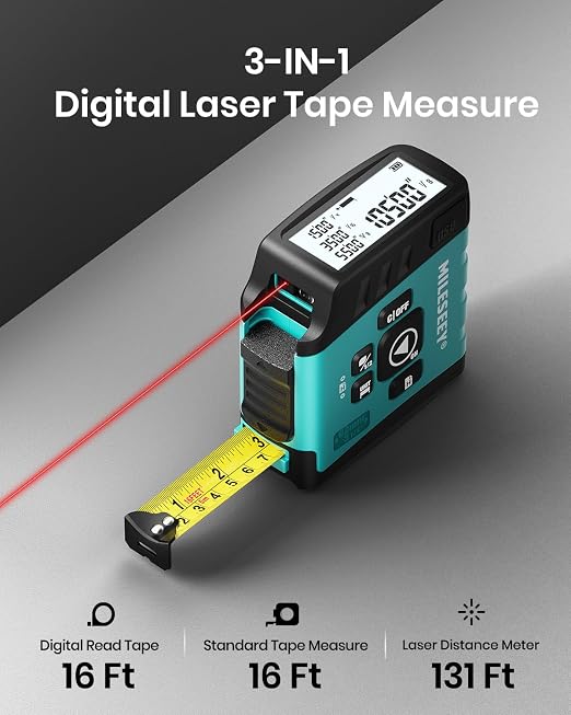 MiLESEEY DT20 Digital Laser Tape Measure,130 FT Laser Measuring Tool,16 FT Easy Read Digital Measuring Tape Retractable Manual-Locking Blade, Rechargeable Measurement Tool, Area/Volume/Pythagorean