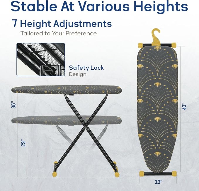 Ironing Board 43x13, RAINHOL Full Size Iron Board with Thick Padded Cover, Adjustable Height, Foldable Ironing Table with Hanger, Black Gold Pattern