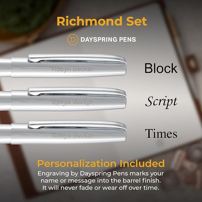 Dayspring Pens Richmond Engraved Capped Rollerball Pen and 0.7mm Pencil Set, Polished Chrome, Personalized Gift for Graduation, Career Advancement, New Job, Birthdays, Gift Box Included