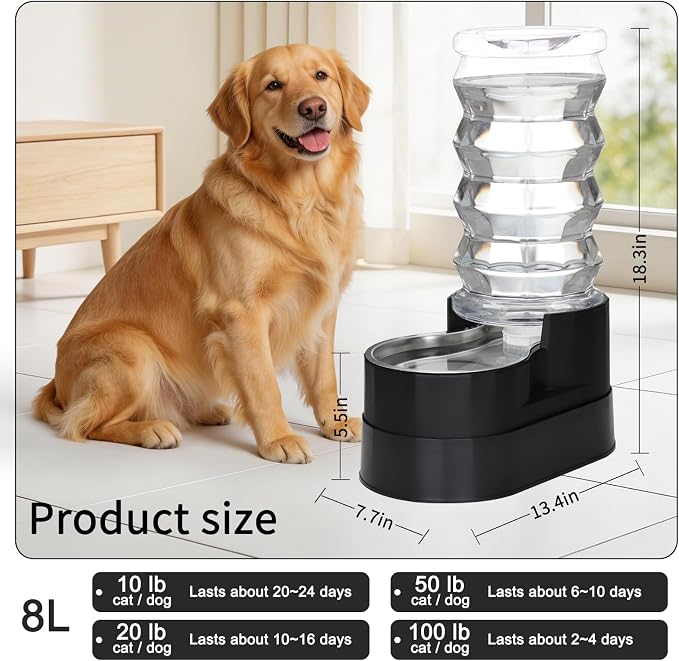 RIZZARI 8L Elevated Dog Waterer: Comfort Height Design | Gravity Fed/No Power Needed/Anti-Spill Base/for Senior Dogs & Large Breeds/Living Room/Garden/ Easy-Clean