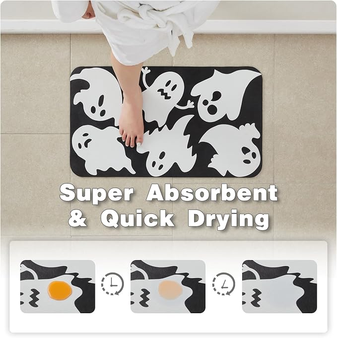 TYUU Halloween Bath Mat, Thin Halloween Bathroom Rug Non Slip Quick Dry Ghost Bath Mat Fits Under Door Thin Floor Mat Halloween Decor, 17''x30'', Ghosts Black
