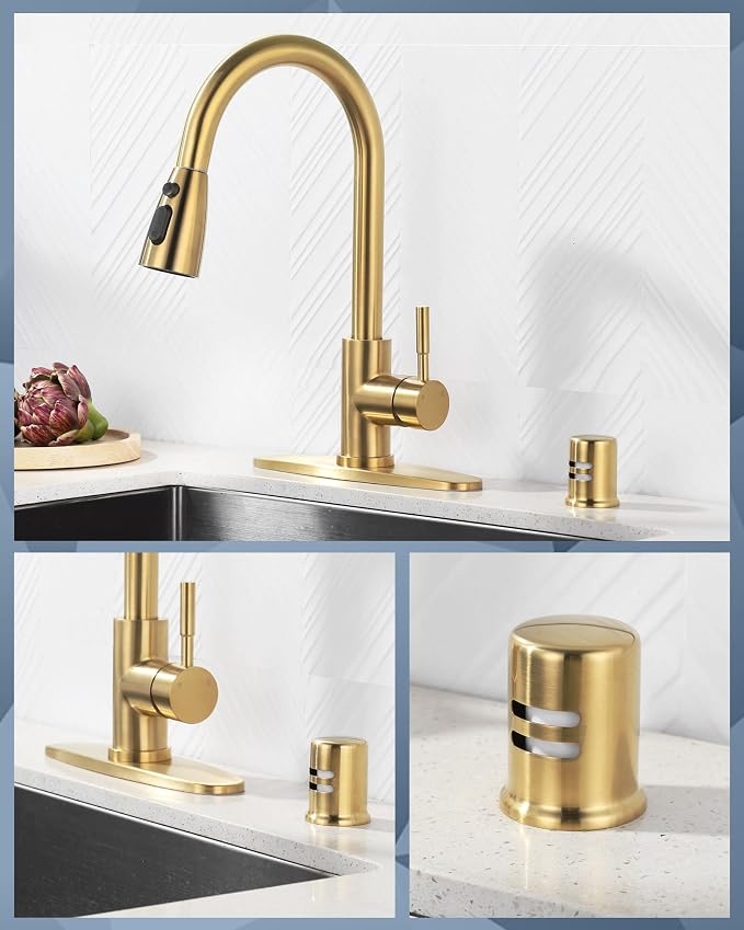 Kitchen Faucet with Air Gap: WOWOW Stainless Steel Kitchen Sink Faucet and Dishwasher Air Gap Kits for Kitchen Sink 2 or 4 Hole, Brushed Gold Kitchen Faucet Combo with Sprayer