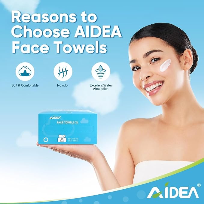 AIDEA XL Face Towels-200Ct, Disposable Towelettes Face Cloths, 9.84"×11.81" | Facial Cleansing Wipes, Face Towelettes for Makeup Removing, Nursing, Travel, Dry Wipes, 4 Box