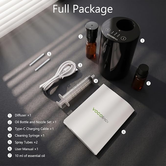 VOCOlinc Waterless Diffuser for Essential Oil Starter Kit with 10mL Hotel Scent Fragrance Oil, Battery Operated Nebulizer, Mini Scent Air Machine, 3 Timers & 3 Mist Levels for Home, Room, Car, Office