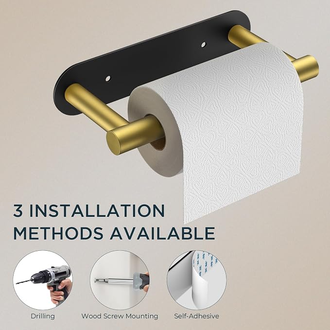 FORIOUS Toilet Paper Holder, Adhesive or Screw Wall Mount Pivoting Tissue Roll Holder, Stainless Steel Self Adhesive Toilet Paper Roll Holder no Drilling (Matte Black & Brushed Gold, Classic)