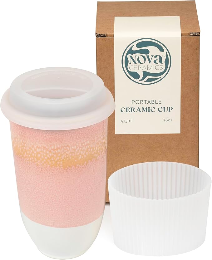 NOVA CERAMICS Travel Mug On the Go Coffee Mug Microwave & Dishwasher Safe Green Tumbler - Gifts For Women Men 16oz Afterglow
