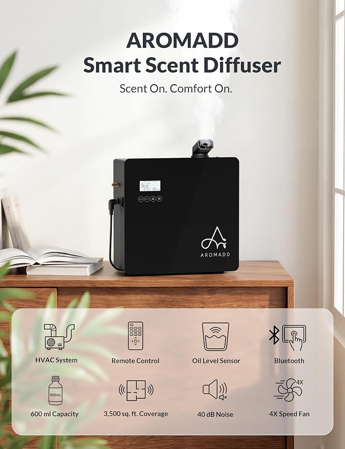2026 Upgraded 3500 Sq.Ft HVAC Scent Diffuser for Home, Smart Whole House Scent System with App & Remote Control, Hotel Collection Waterless Diffuser for Large Room, Cold Air Tech, 600mL, Black