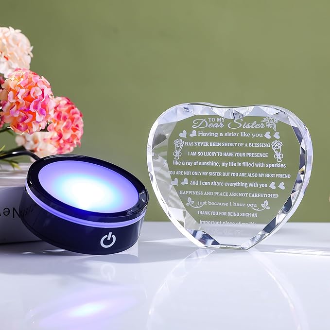 YWHL Sister Birthday Gifts with Colorful LED Base Crystal Heart to My Sister Gifts from Sisters Brother Meaningful Gift for Sisters on Christmas Valentine Day Mothers Day