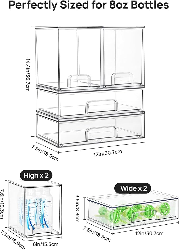 Vtopmart Clear Stackable Storage Drawers Set of 4, Plastic Organizer Bins for Makeup, Cosmetics, Beauty Supplies,Ideal for Vanity, Bathroom,Cabinet,Pantry Organization
