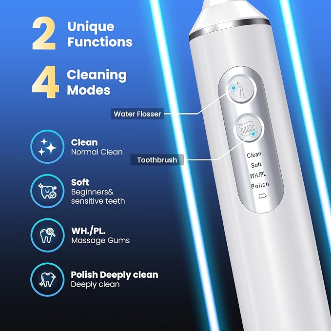 2-in-1 Electric Toothbrush with Water Flosser, Brush & Floss Combo | 3 Modes, 3 Brush Heads, Jet Tip, IPX7 Waterproof, Portable Oral Irrigator for Travel, White