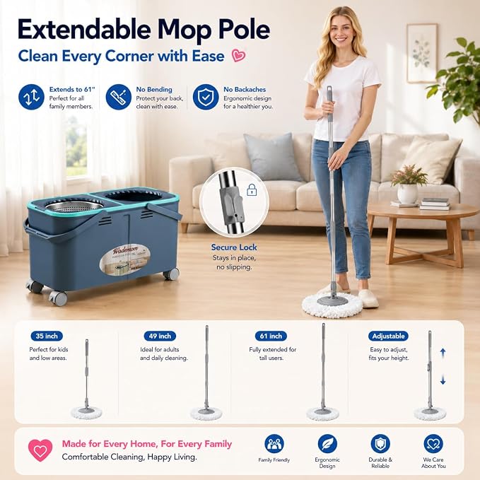 Mop and Bucket Set with Clean & Dirty Water Separation, Spin Mop with 360° Wheels & Drain, 6 Microfiber Heads,Adjustable Handle for Pet Owners, Kitchen, Bathroom, Hardwood & Tile Floors
