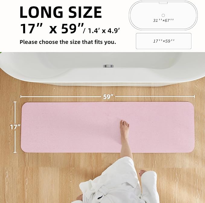 TYUU Pink Bath Mat, Bathroom Rugs Non Slip Washable Thin Absorbent Quick Dry Bath Mat Fits Under Door Bathroom Floor Mat Perfect for Bath, Shower, or Sink 17"x59" Pink