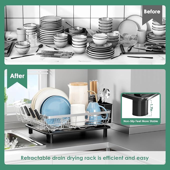 MOUKABAL Stainless Steel Dish Drying Rack for Kitchen Counter, Black Silver | 13×17 Large Capacity/Drainboard with Rotating Spout/Removable Cup & Utensil Holders/Fast Drainage/Countertop Dish Drainer