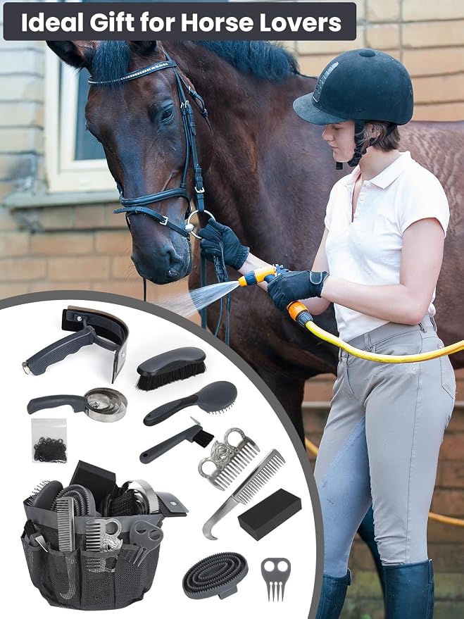 Horse Grooming Kit 12 Pieces Set – Complete Horse Brushes & Care Supplies Set with Organizer Tote Bag, Equine Coat Grooming Tools, Tack Room Equipment & Gifts for Horse Owners & Lovers