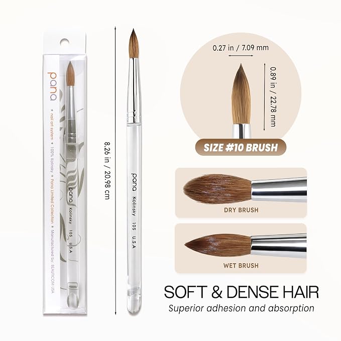 PANA Pure Kolinsky Hair Nail Brush - Round Clear Acrylic Handle (Size 10) - Nail Brush for Nail Application, Nail Extension, Manicure Pedicure Salon Beginner and Professional