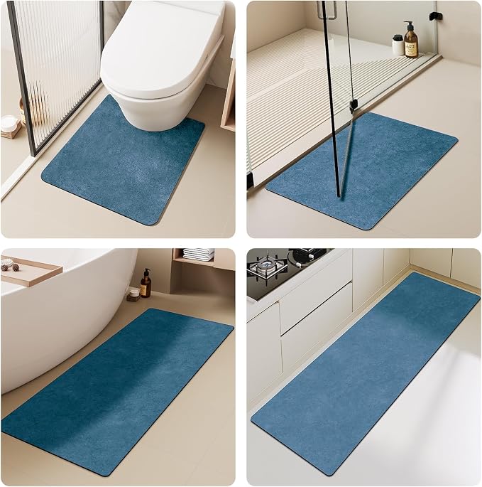 TYUU Bathroom Mat Quick Dry, Bathroom Rugs Non Slip Washable Thin Absorbent Bath Mat Fits Under Door Bathroom Floor Mat Perfect for Bath, Shower, or Sink 24"x36" Denim Blue