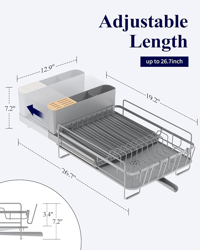 Kitsure Large Dish Drying Rack - Extendable Dish Rack, Multifunctional Dish Rack for Kitchen Counter, Anti-Rust Dish Drainers with Cutlery & Cup Holders 19.2"-26.7" L x 12.9" W, Sliver