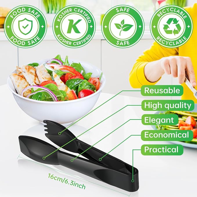 Patelai 24 Pcs 6 Inch Utility Tong Plastic Serving Tongs Bulk Scalloped Serving Utensils Charcuterie Accessories Heavy Duty Tongs for Cooking Appetizers Food Catering Dinner Party (Black)