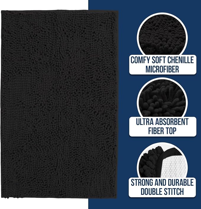 Muddy Mat® | Chenille Bathroom Rugs Quick Dry Microfiber Mats Non Slip Washable, Extra Thick, Soft and Highly Absorbent Bath Mats for Bathroom, Kitchen, and Shower Floor - Black 24"x36"