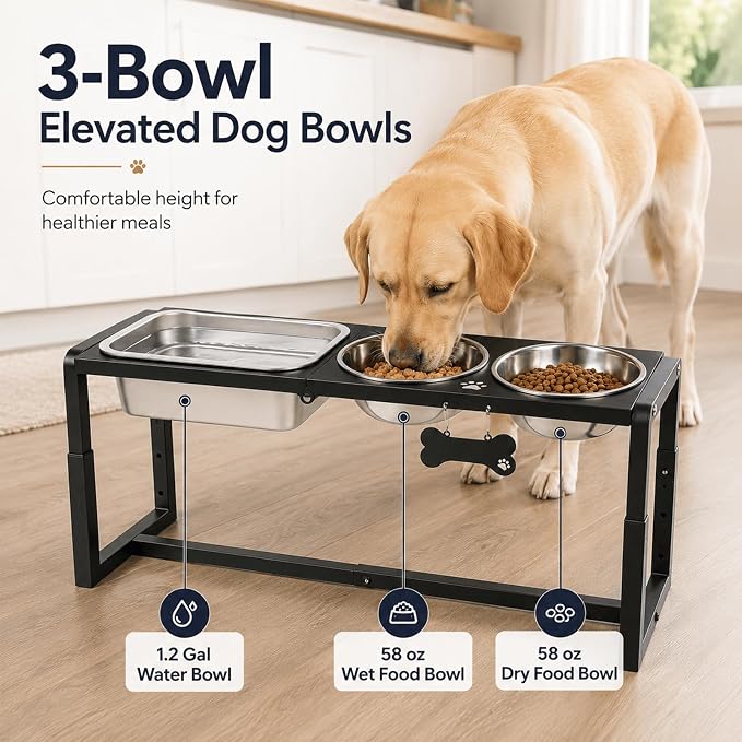 Metal Elevated Dog Bowls for Medium/Large Breed, 3 Adjustable Height(8.8''/11.5''/14'') Raised Dog Bowl Stand with Two 58oz & One 1.2gallons Large Stainless Steel Dog Food Water Bowls