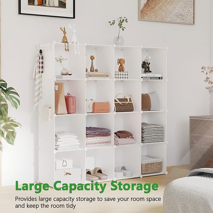 C&AHOME 16 Cube Storage Organizer Cube Shelves Units Storage Cubes, Milky | Plastic DIY Closet Organizer, Stackble Modular Closet Storage Shelves Ideal for Home, Bedroom, 48.4" L × 12.4" W × 48.4" H