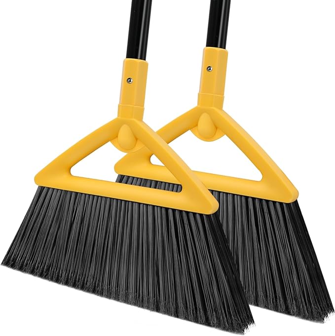 Heavy Duty Angle Broom 2 Pack - Yellow Broom for Outdoor & Indoor, Garage, Driveway, Sidewalk, Kitchen & More, Long Handle