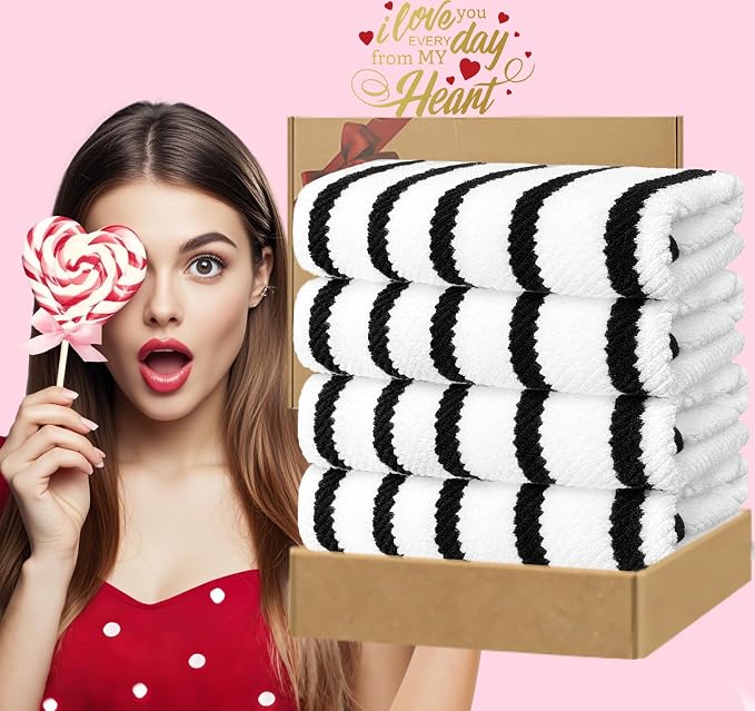VOOVA & MOVAS Bath Towels 4PC, 100% Cotton, 30x56 in, Black White | Quick Dry, Thick, Soft, Absorbent, Suitable For College Dorm, Bathroom, Gym, Travel, Spa