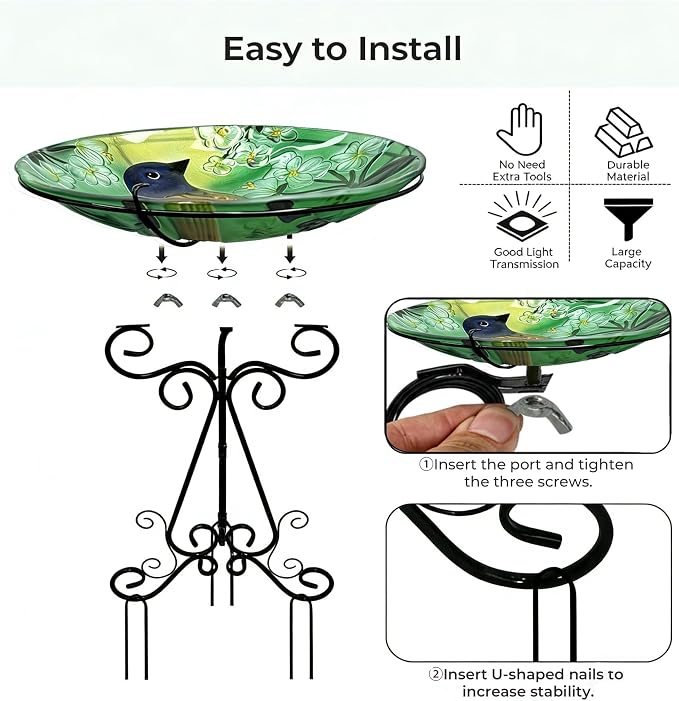 Large Glass Bird Bath with Metal Stand, Baltimore Oriole | 18" Wide Bowl, 3.2" Bathing Depth, Thick Glass Construction, Stable 3-Leg Base, Easy Clean Surface, Garden Decor