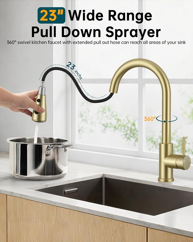 Hiqufet Vintage Kitchen Faucet, Pull Down Sprayer, Brushed Gold | Easy Install, 360 Swivel, 3 Spray Modes, SUS304 Stainless Steel, High Arc, Fits RV/Laundry/Bar Sinks, High Arc, Lead-Free