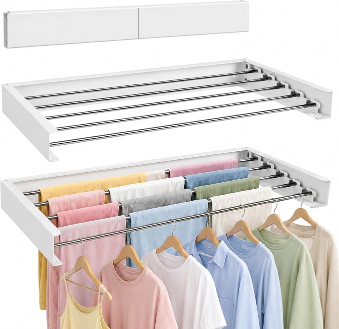 Wall Mounted Clothes Drying Rack Collapsible, Pure Stainless Steel Folding Laundry Drying Rack for Indoor Outdoor Use, Heavy Duty Wall Mounted Clothes Rack White
